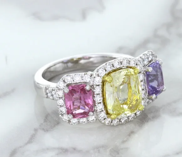 Multicolor Sapphire Ring with Diamond Halo in 18K White Gold