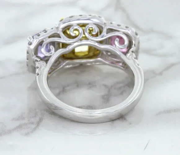Multicolor Sapphire Ring with Diamond Halo in 18K White Gold