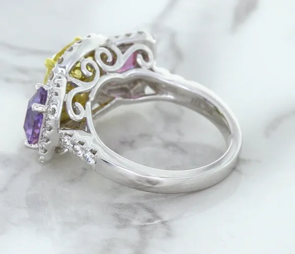 Multicolor Sapphire Ring with Diamond Halo in 18K White Gold