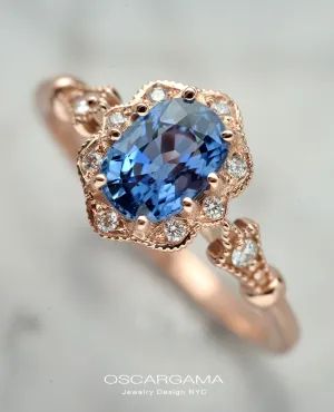 Natural Oval cornflower blue sapphire | vintage inspired engagement ring