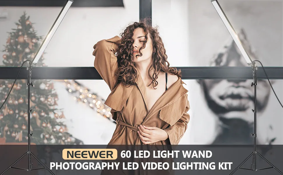 New Neewer 2 Packs Light Wand Handheld 60 LED Video Light Stick 5500K with Adjustable Brightness, 2-meter Light Stands Kit for Portrait, Product Photography, Video Light, Retails $147 w/tax!