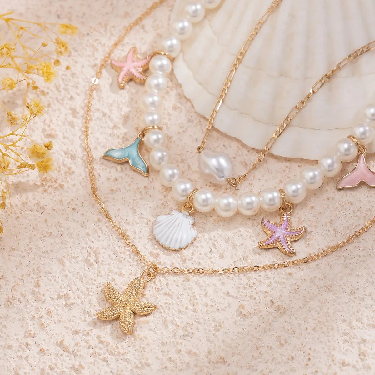 Ocean Style Layered Enamel Starfish Mermaid Pendant Pearl Chain Necklace Set