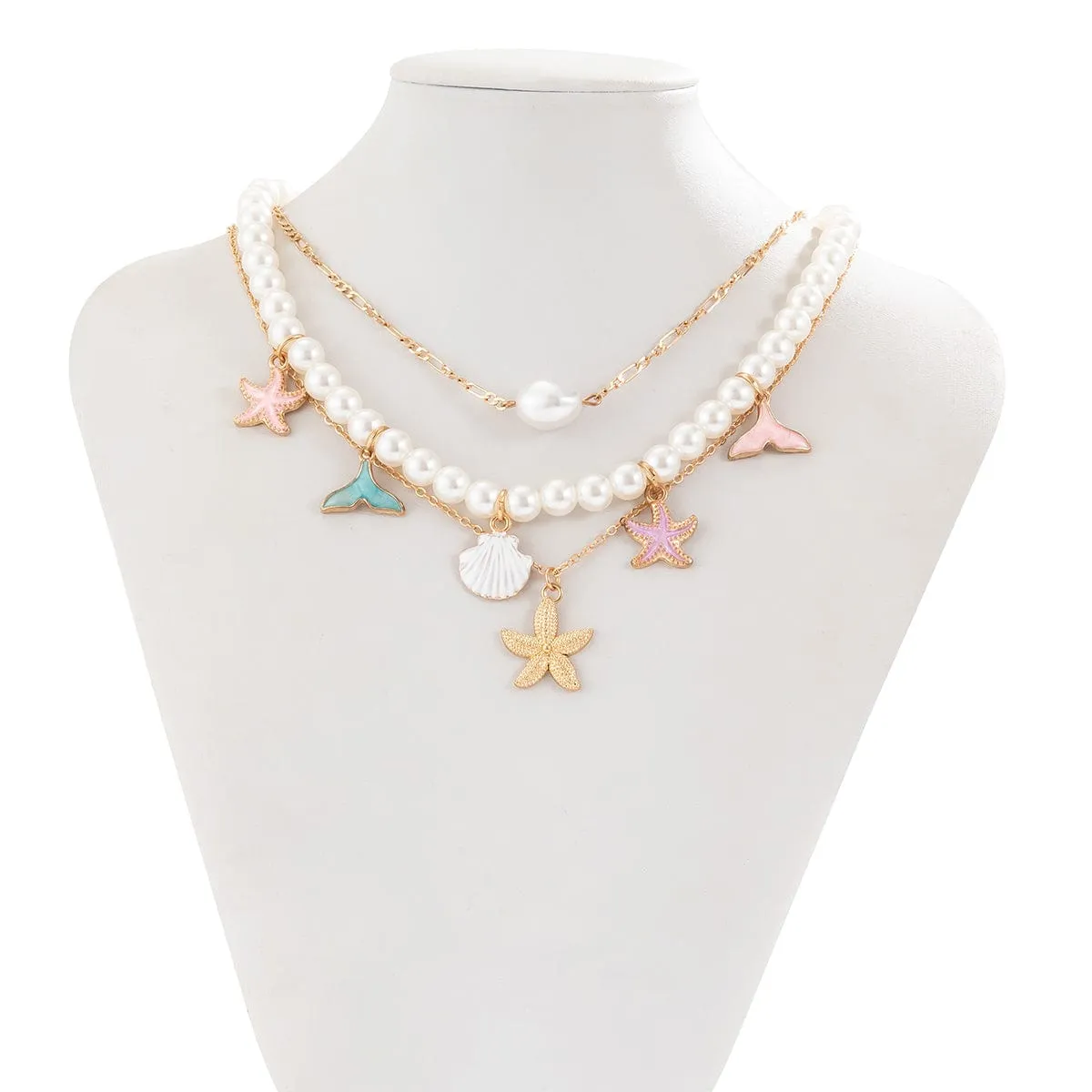 Ocean Style Layered Enamel Starfish Mermaid Pendant Pearl Chain Necklace Set