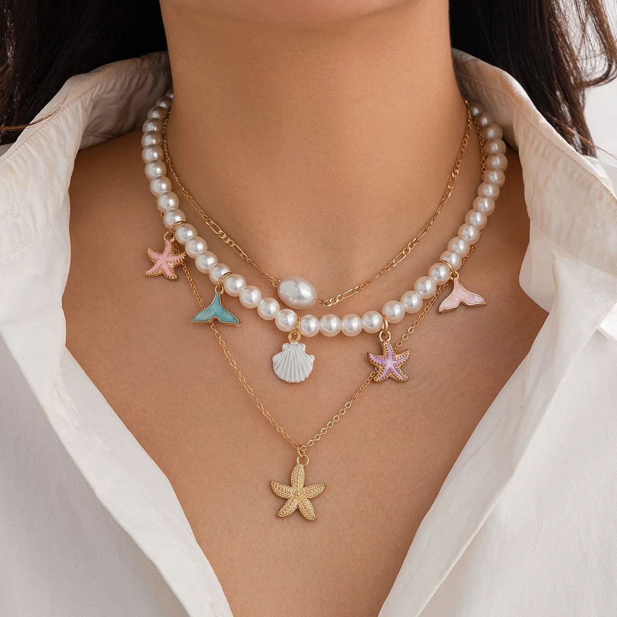 Ocean Style Layered Enamel Starfish Mermaid Pendant Pearl Chain Necklace Set