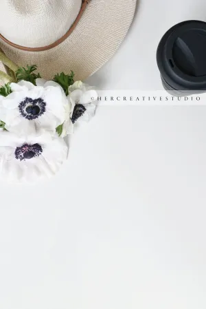 Panama Hat, Coffee & Anemone, Minimal Styled Image