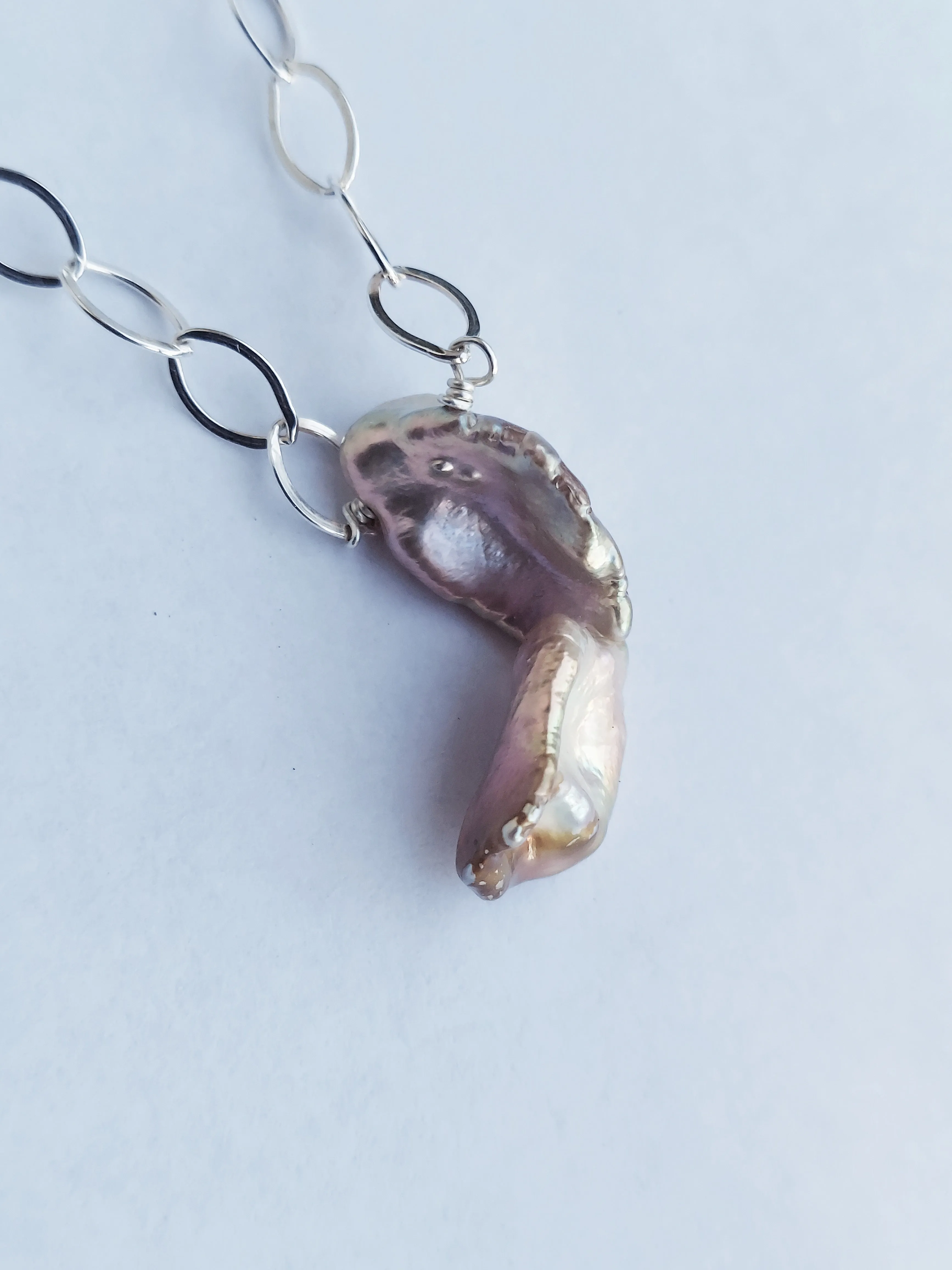 Pink Large Baroque Iridescent Pearl Pendant choker on a silver chain. Wedding Pearl Necklace. Summer Pearls
