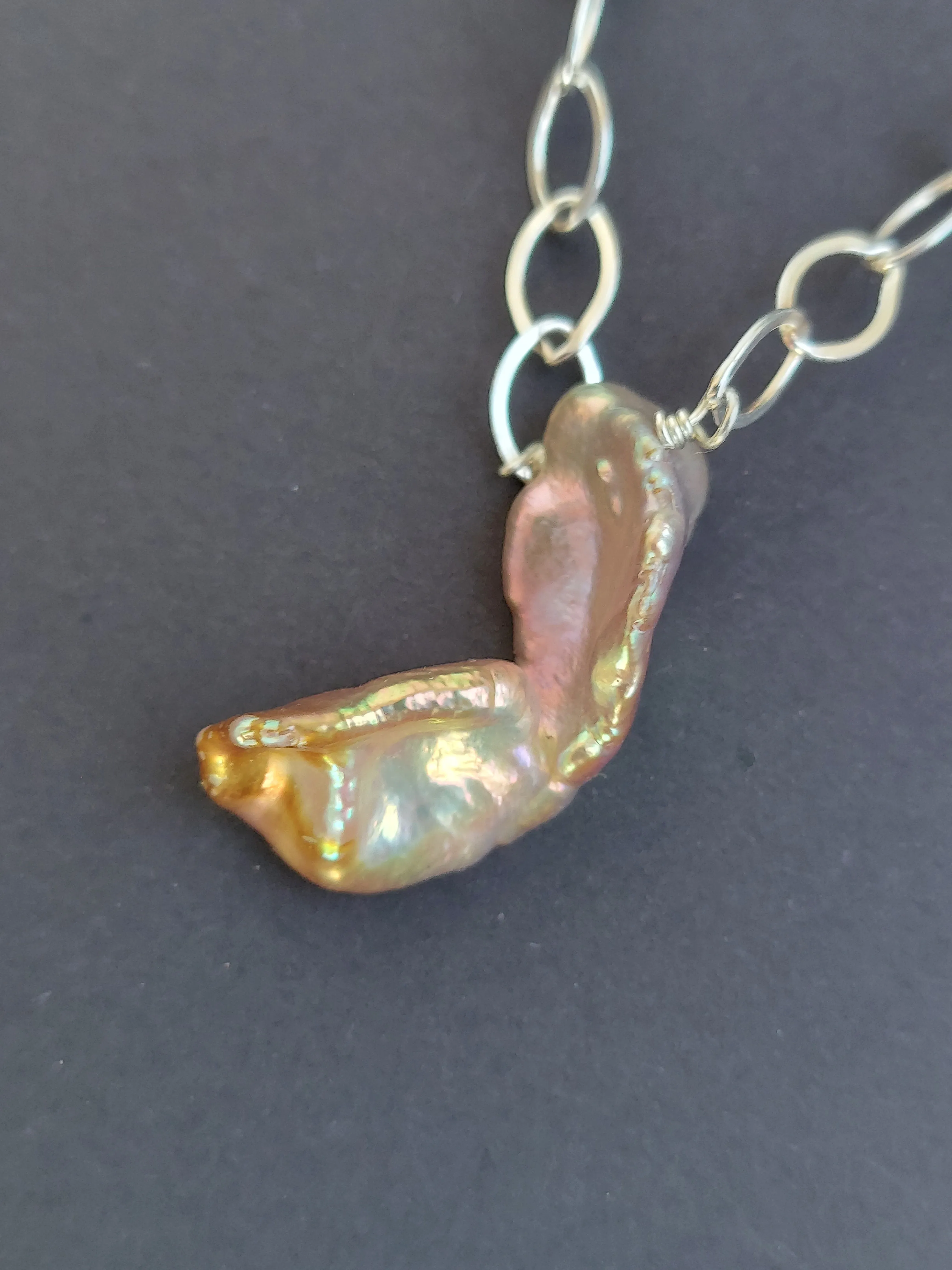 Pink Large Baroque Iridescent Pearl Pendant choker on a silver chain. Wedding Pearl Necklace. Summer Pearls
