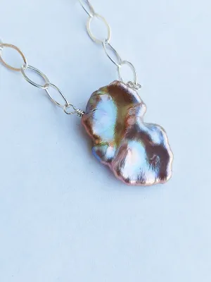Pink Large Baroque Iridescent Pearl Pendant choker on a silver chain. Wedding Pearl Necklace. Summer Pearls