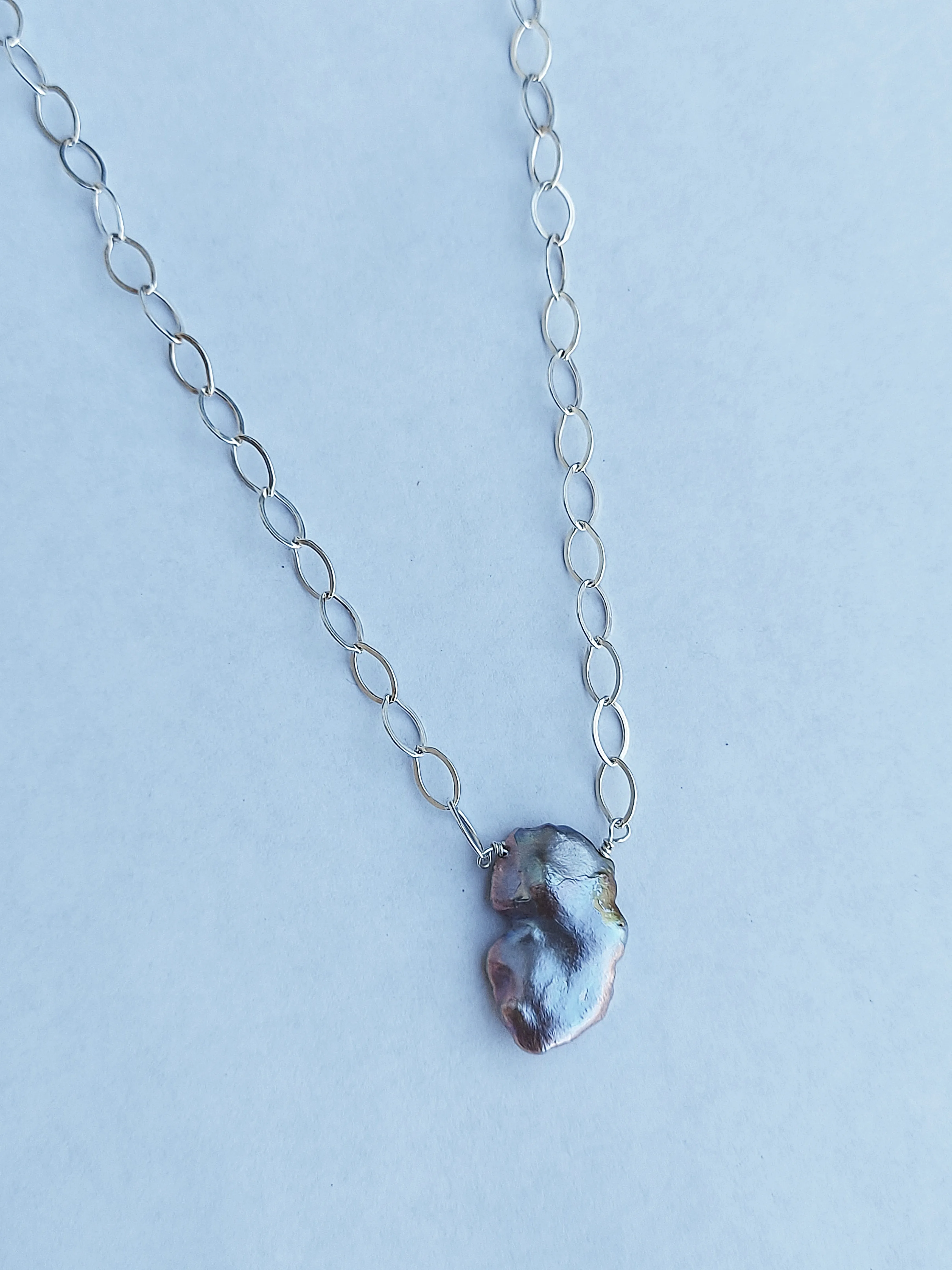 Pink Large Baroque Iridescent Pearl Pendant choker on a silver chain. Wedding Pearl Necklace. Summer Pearls