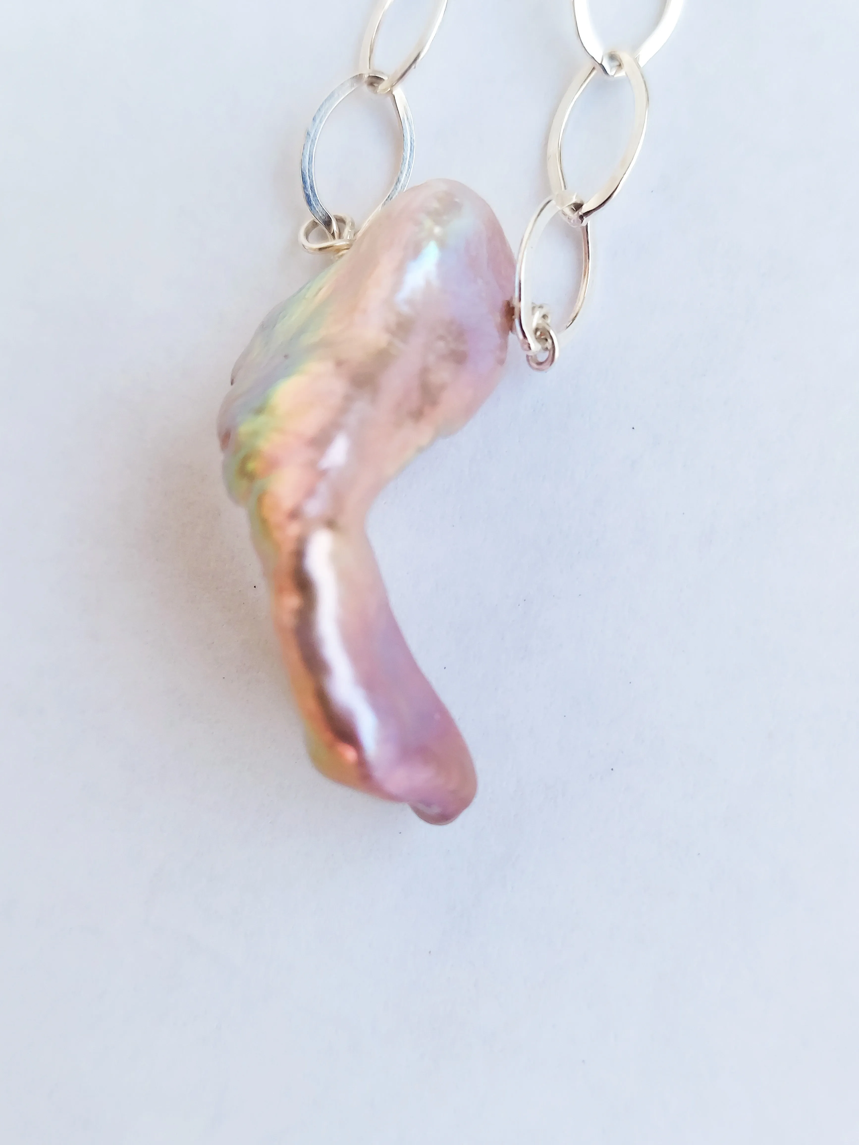 Pink Large Baroque Iridescent Pearl Pendant choker on a silver chain. Wedding Pearl Necklace. Summer Pearls