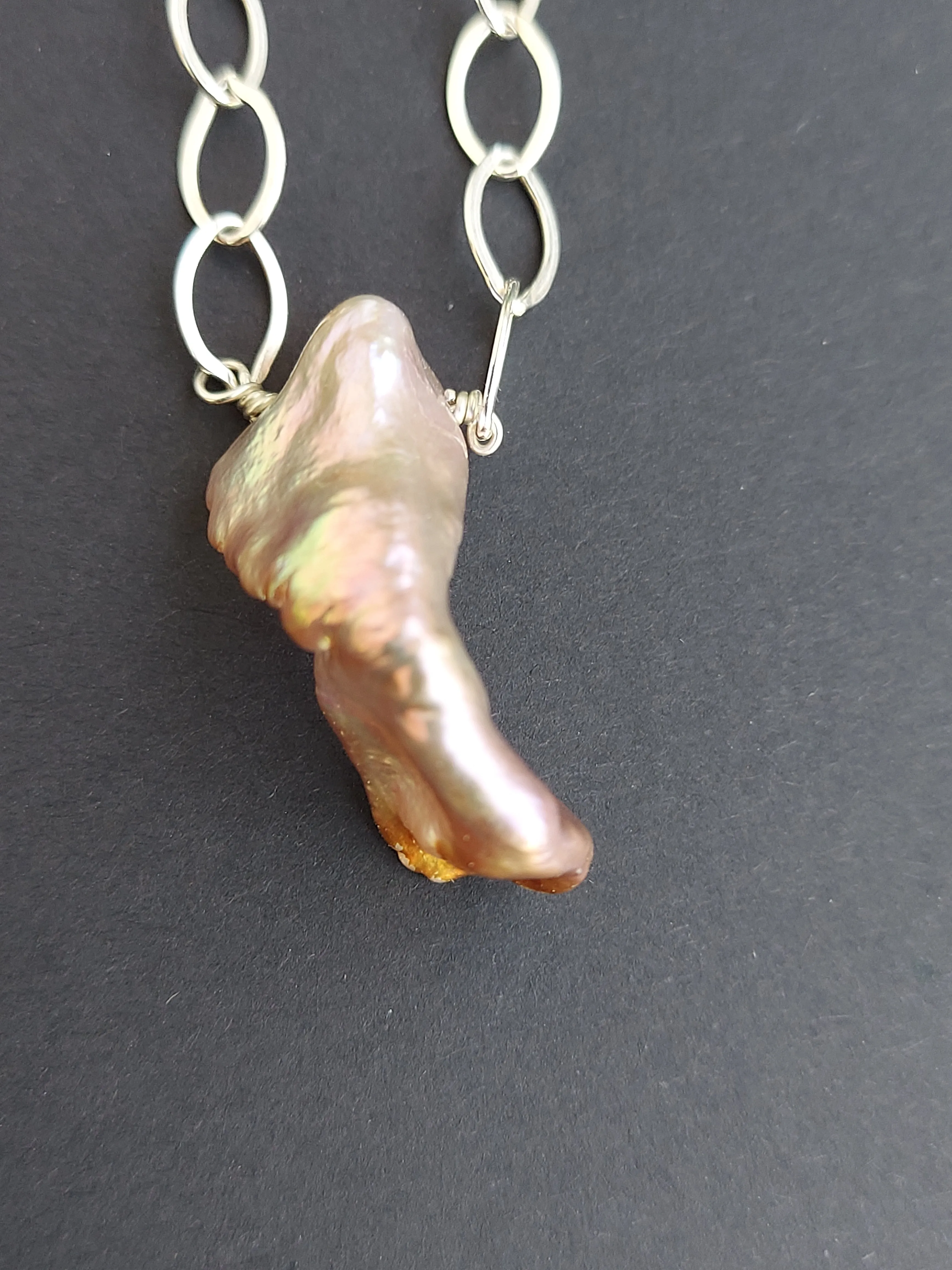 Pink Large Baroque Iridescent Pearl Pendant choker on a silver chain. Wedding Pearl Necklace. Summer Pearls