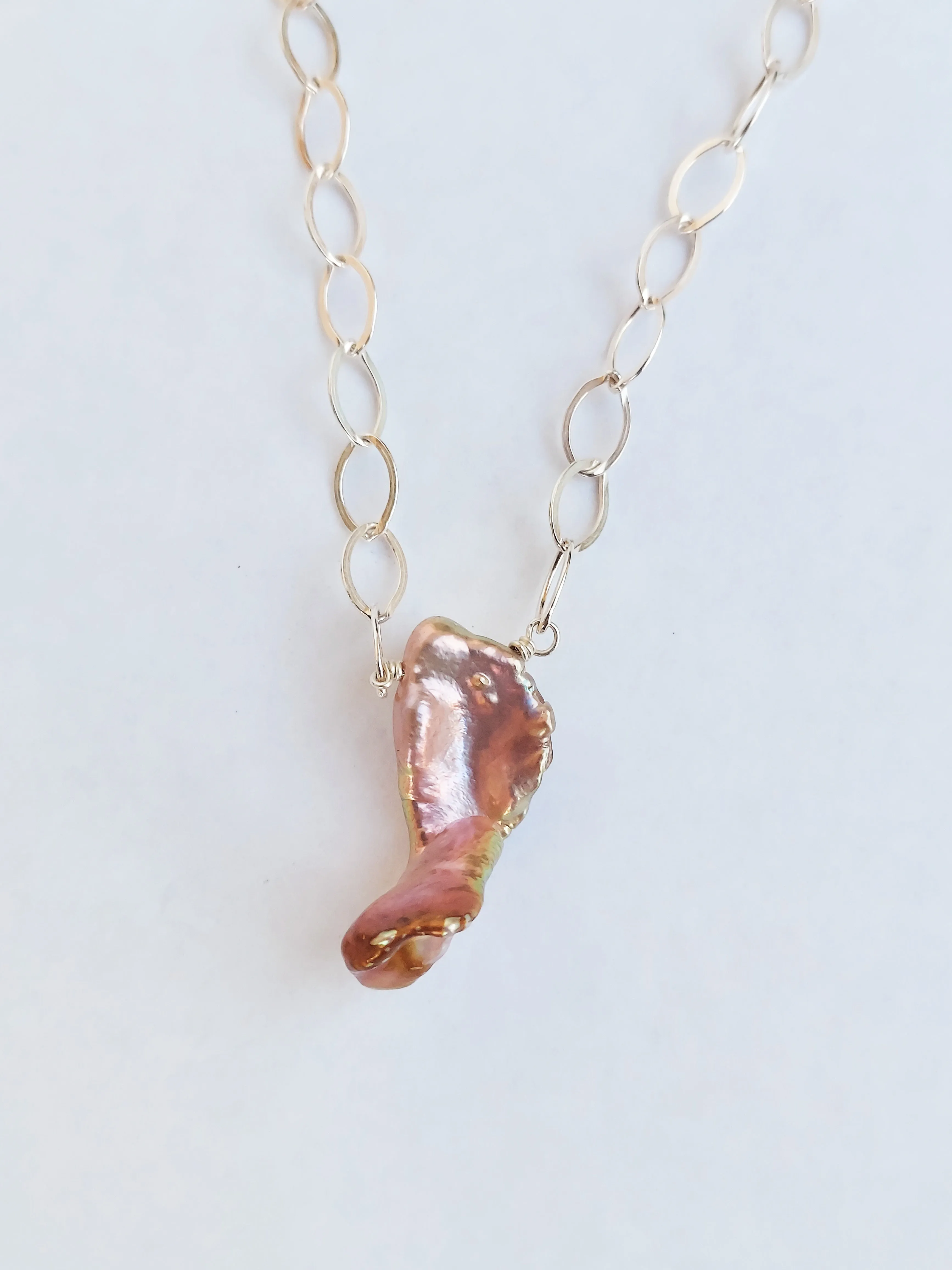 Pink Large Baroque Iridescent Pearl Pendant choker on a silver chain. Wedding Pearl Necklace. Summer Pearls