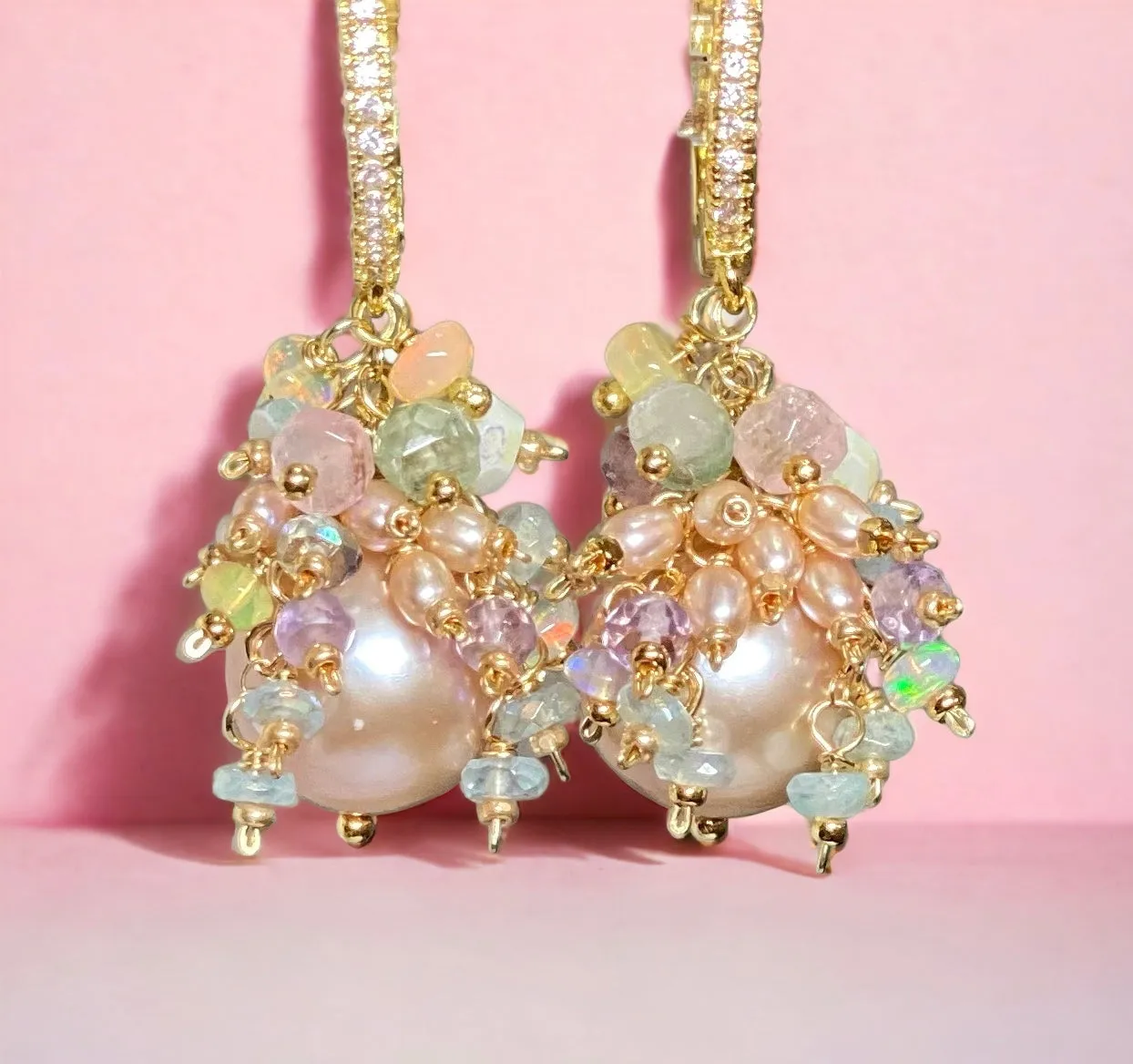 Pink Round Pearl and Gem Cluster Wedding Earrings with Tourmaline and Opals