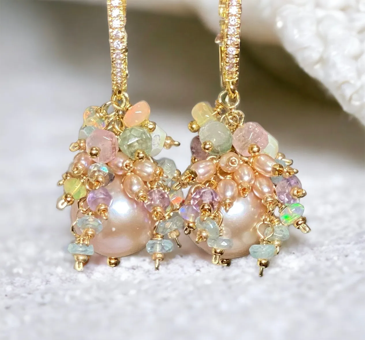 Pink Round Pearl and Gem Cluster Wedding Earrings with Tourmaline and Opals
