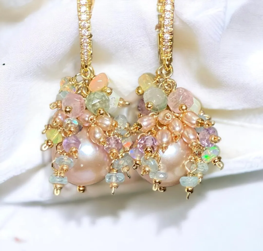 Pink Round Pearl and Gem Cluster Wedding Earrings with Tourmaline and Opals