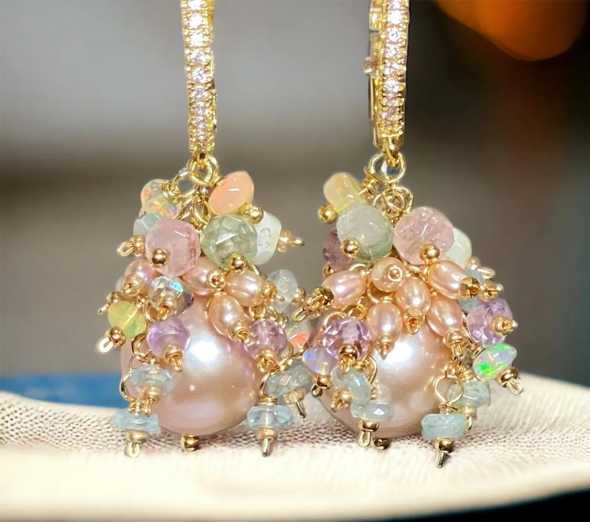 Pink Round Pearl and Gem Cluster Wedding Earrings with Tourmaline and Opals