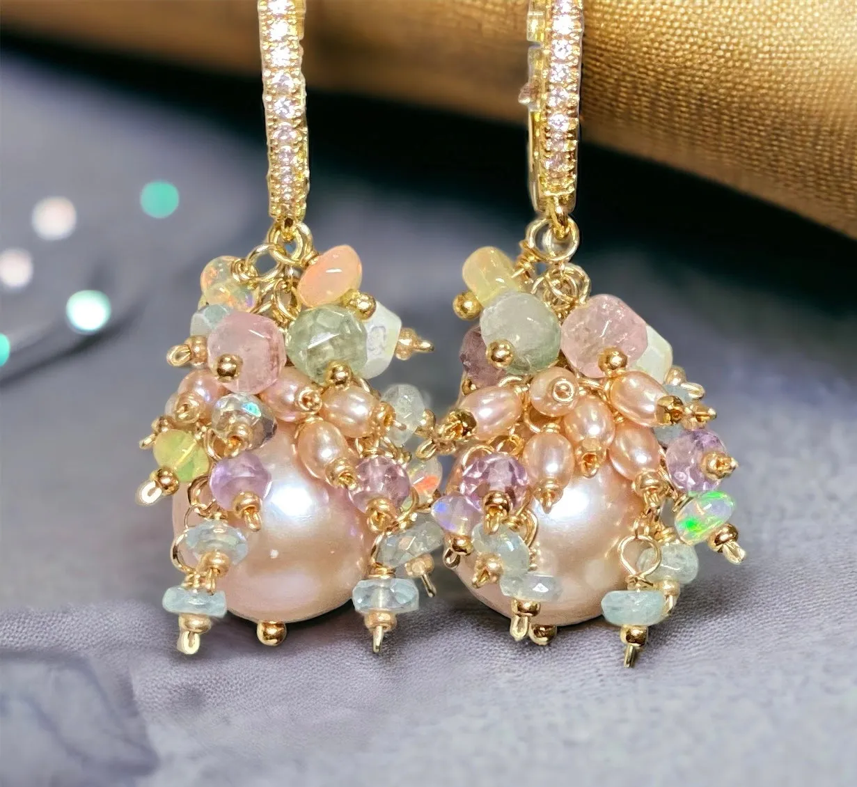 Pink Round Pearl and Gem Cluster Wedding Earrings with Tourmaline and Opals