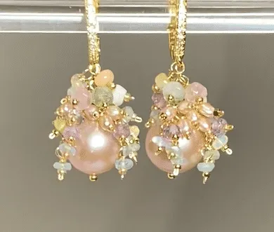Pink Round Pearl and Gem Cluster Wedding Earrings with Tourmaline and Opals