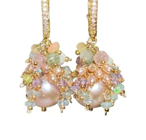 Pink Round Pearl and Gem Cluster Wedding Earrings with Tourmaline and Opals