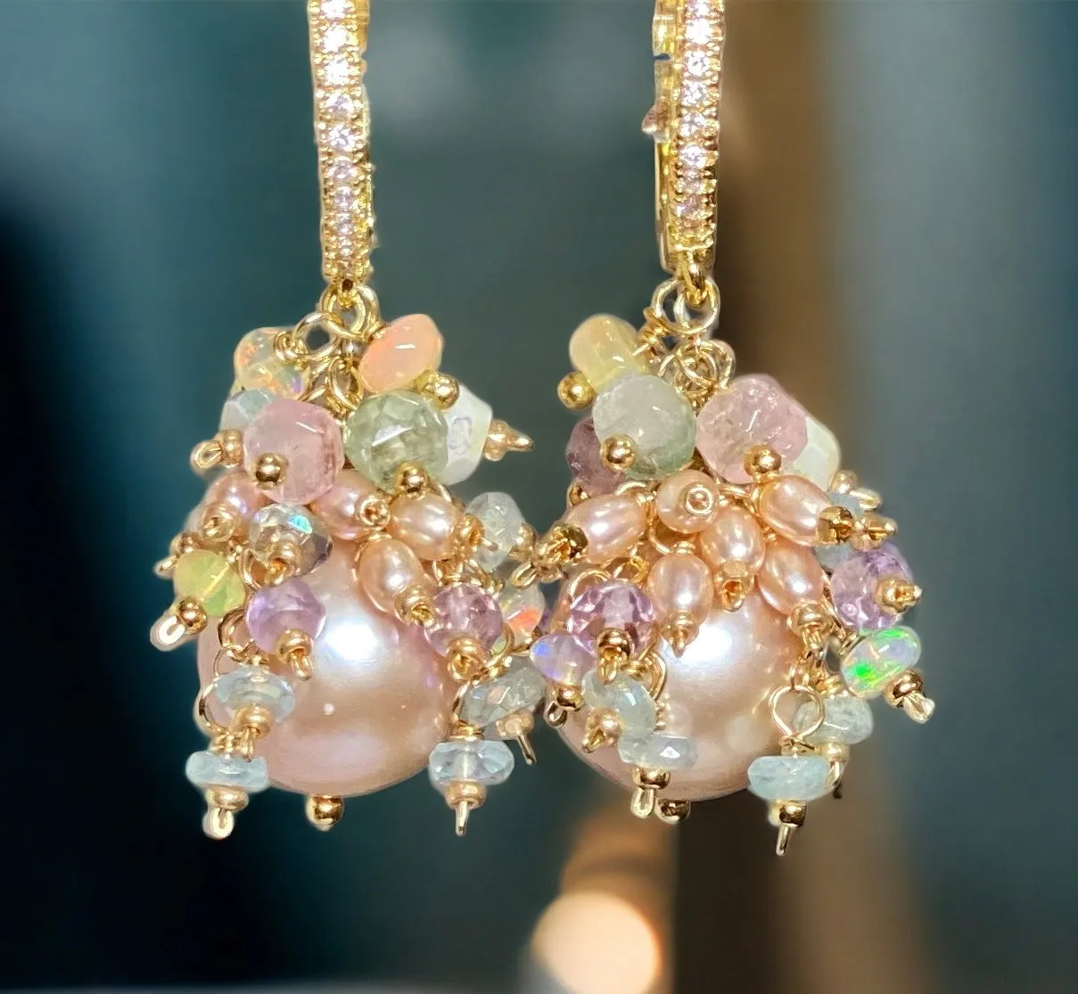 Pink Round Pearl and Gem Cluster Wedding Earrings with Tourmaline and Opals
