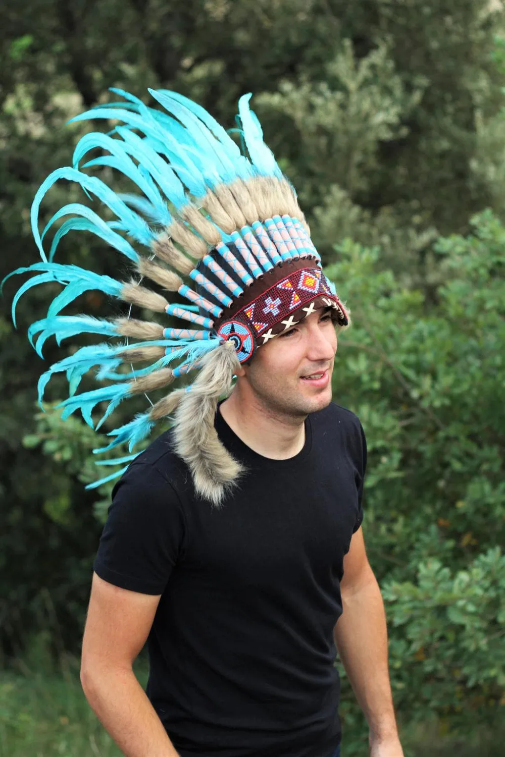 PRICE REDUCED N51- Light Blue / Turquoise Feather Headdress / Warbonnet,
