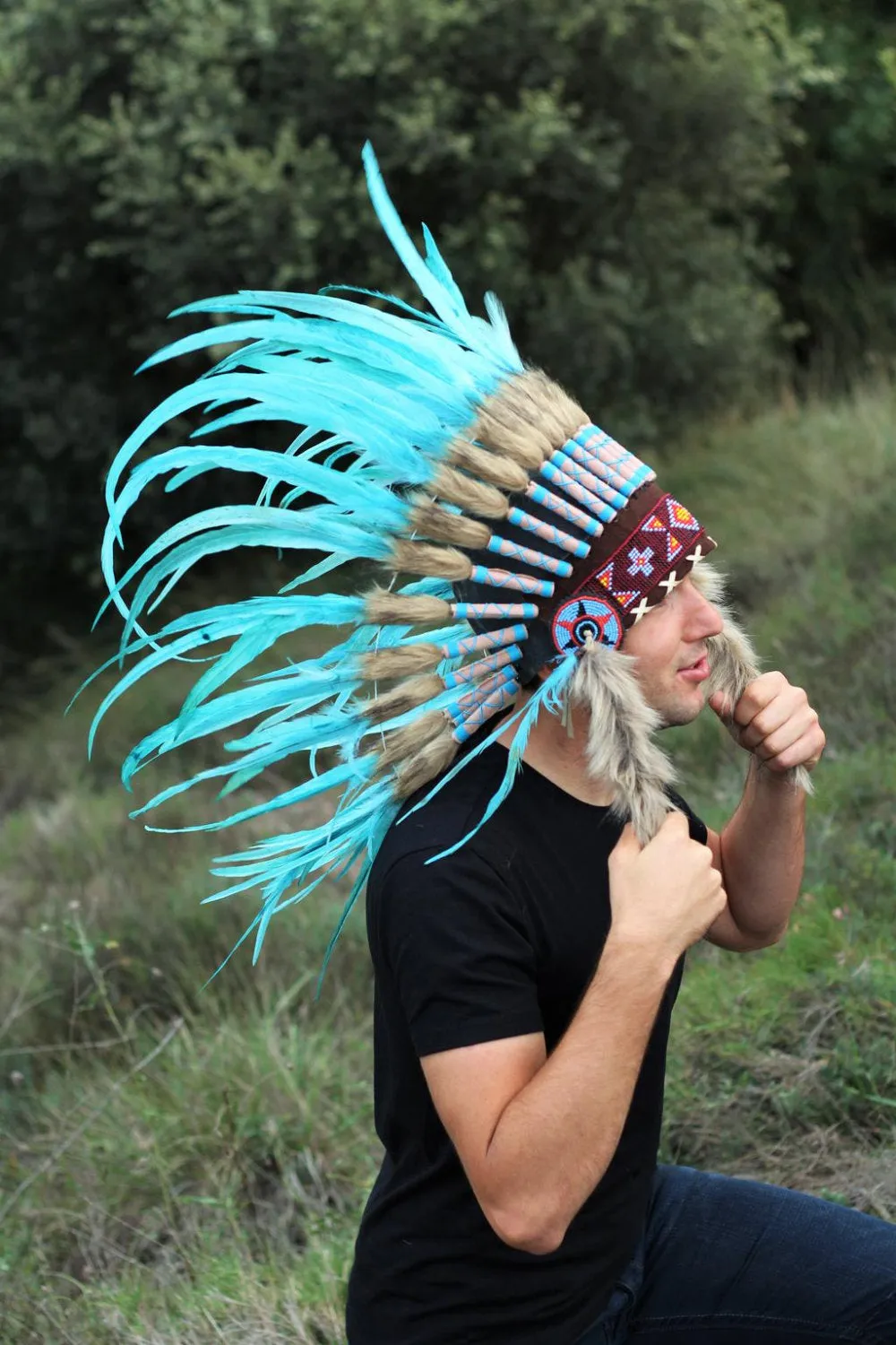 PRICE REDUCED N51- Light Blue / Turquoise Feather Headdress / Warbonnet,