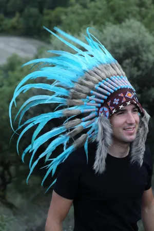 PRICE REDUCED N51- Light Blue / Turquoise Feather Headdress / Warbonnet,