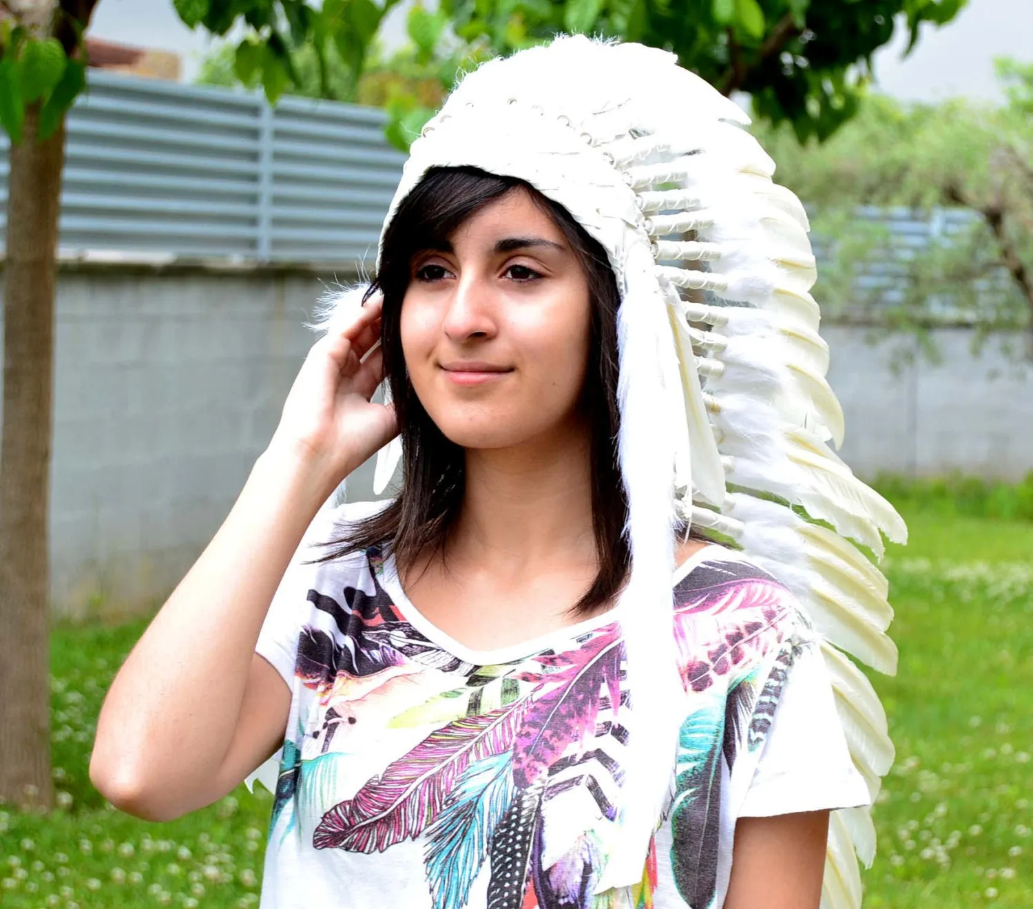 PRICE REDUCED N81- Medium White Feather Headdress / Standard size 23 inch head circumference