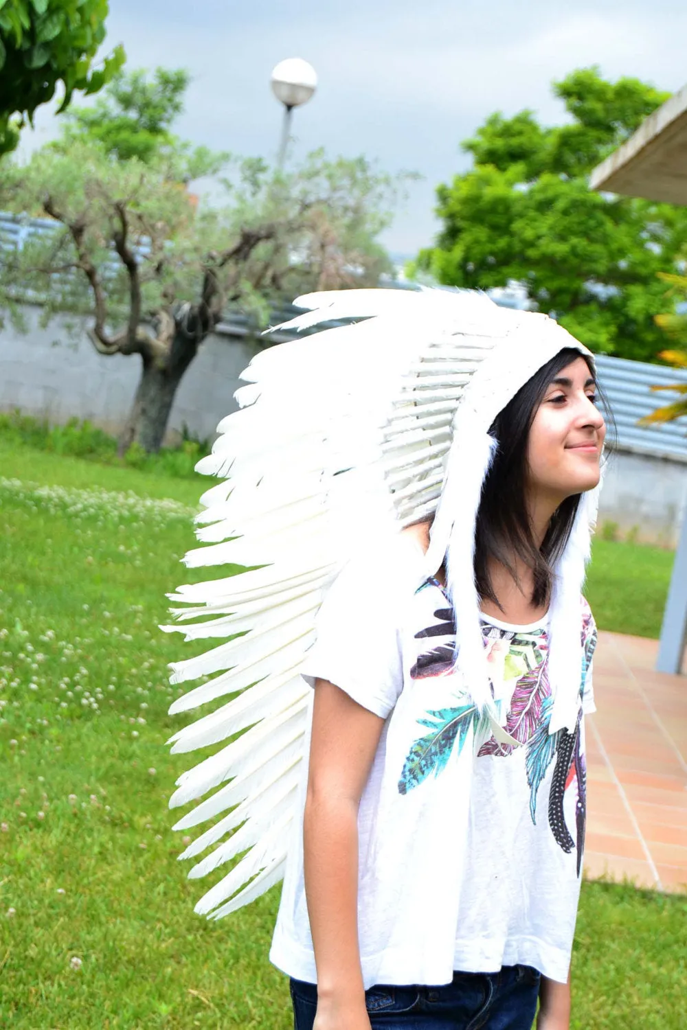 PRICE REDUCED N81- Medium White Feather Headdress / Standard size 23 inch head circumference
