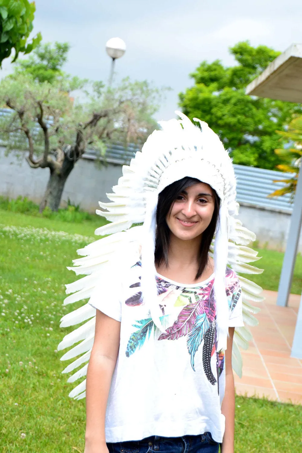 PRICE REDUCED N81- Medium White Feather Headdress / Standard size 23 inch head circumference