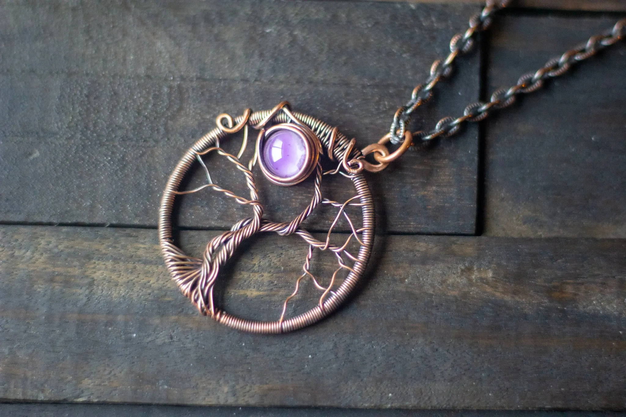 Purple Moon and Tree Pendant with Copper Wire Wrapping