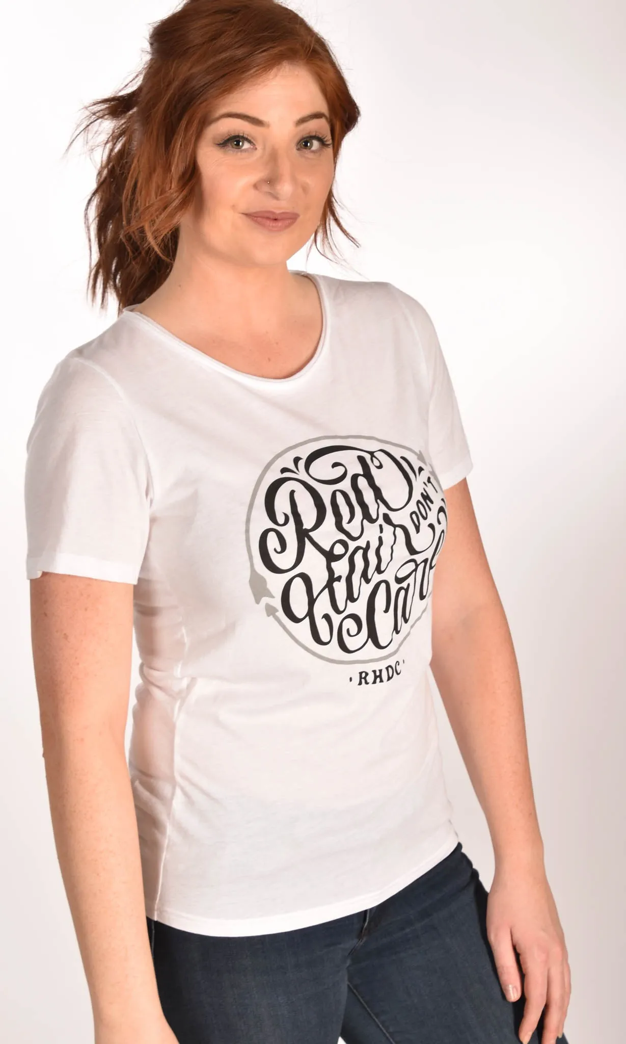 Red Hair Don't Care Circle Raw Neck Unisex Tee