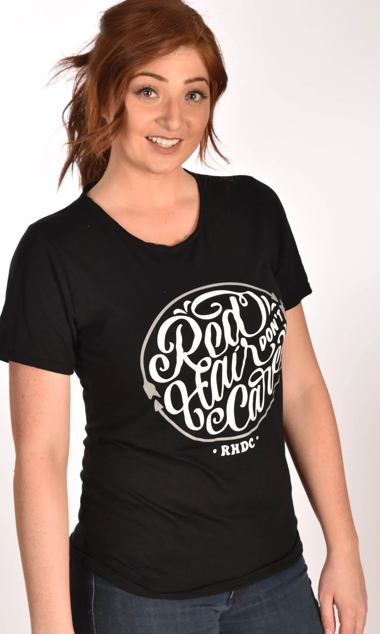Red Hair Don't Care Circle Raw Neck Unisex Tee