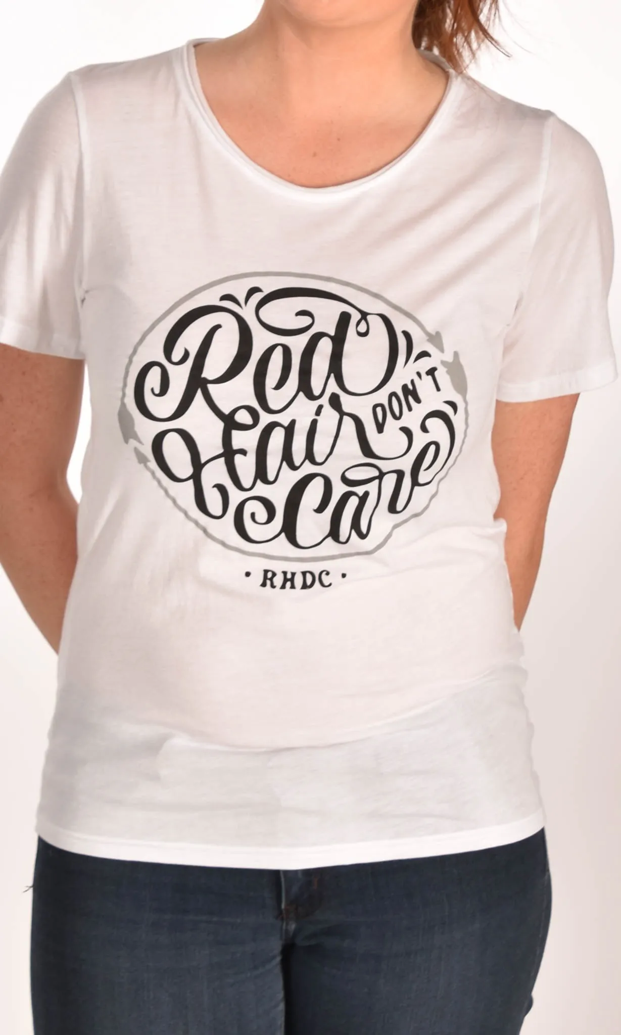 Red Hair Don't Care Circle Raw Neck Unisex Tee