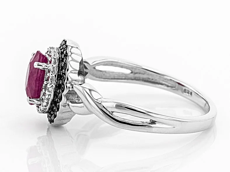 Rhodium/Sterling Silver Burma RUBY & White/Black Diamond Accents Halo Ring (size 8)