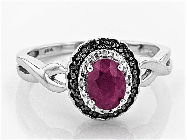 Rhodium/Sterling Silver Burma RUBY & White/Black Diamond Accents Halo Ring (size 8)