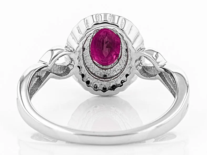 Rhodium/Sterling Silver Burma RUBY & White/Black Diamond Accents Halo Ring (size 8)