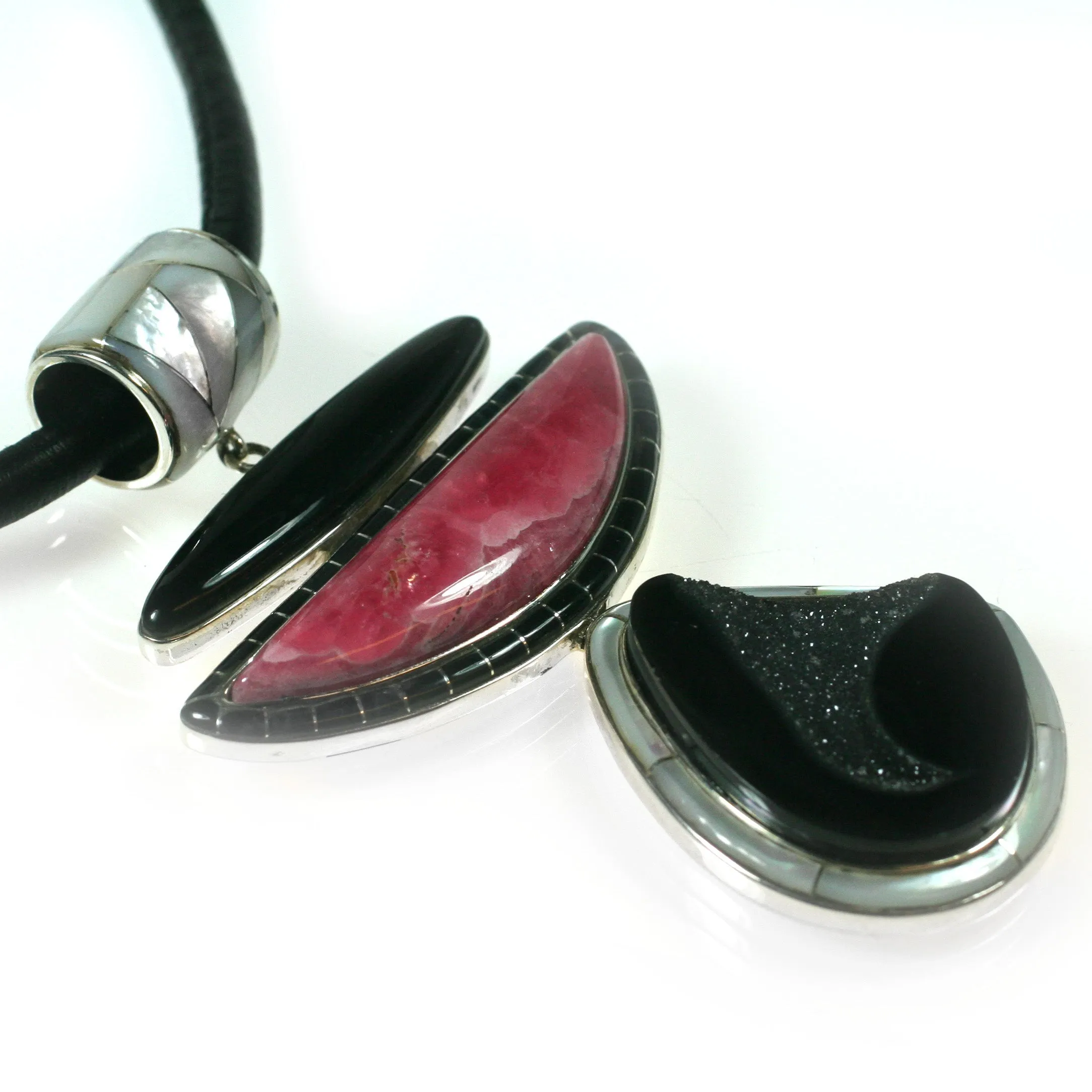 Rhodochrosite and Black Druzy Pendant