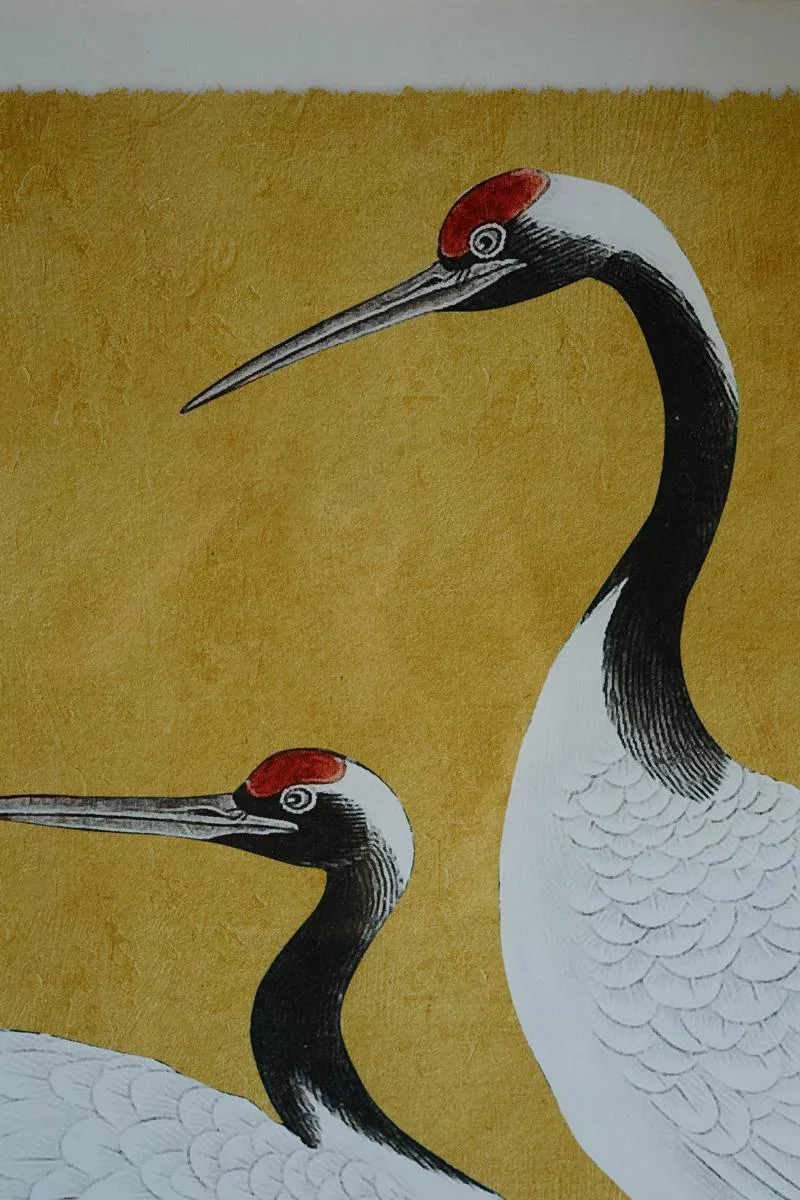 Set of 2 Framed Black, White and Red Herons Prints Under Glass
