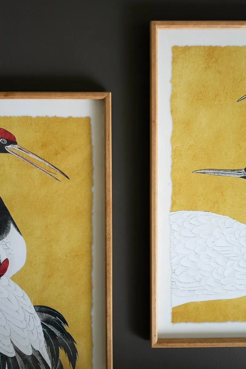 Set of 2 Framed Black, White and Red Herons Prints Under Glass