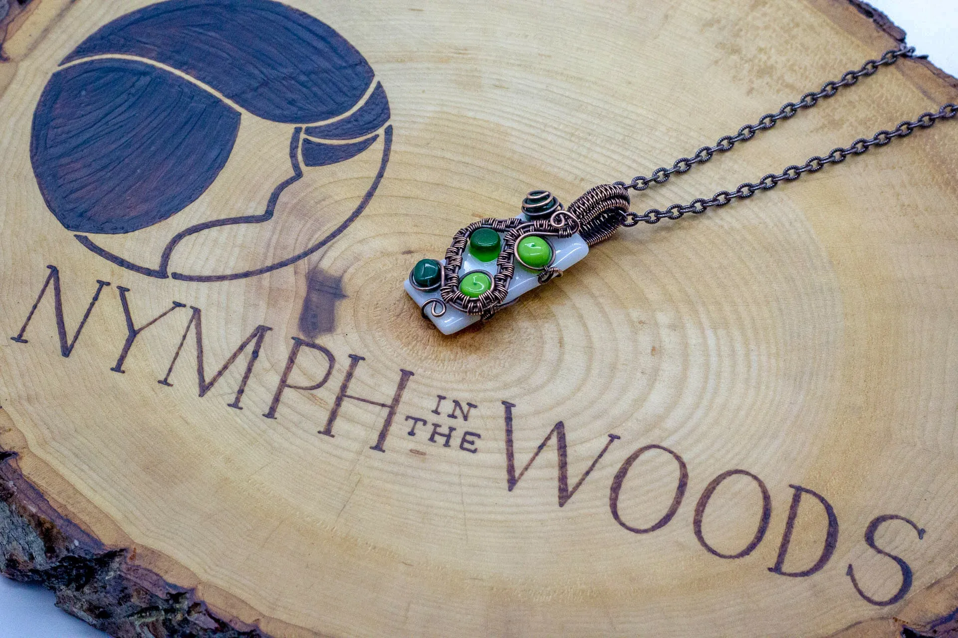 Shades of Green and White Fused Glass Pendant with Copper Wire Wrapping