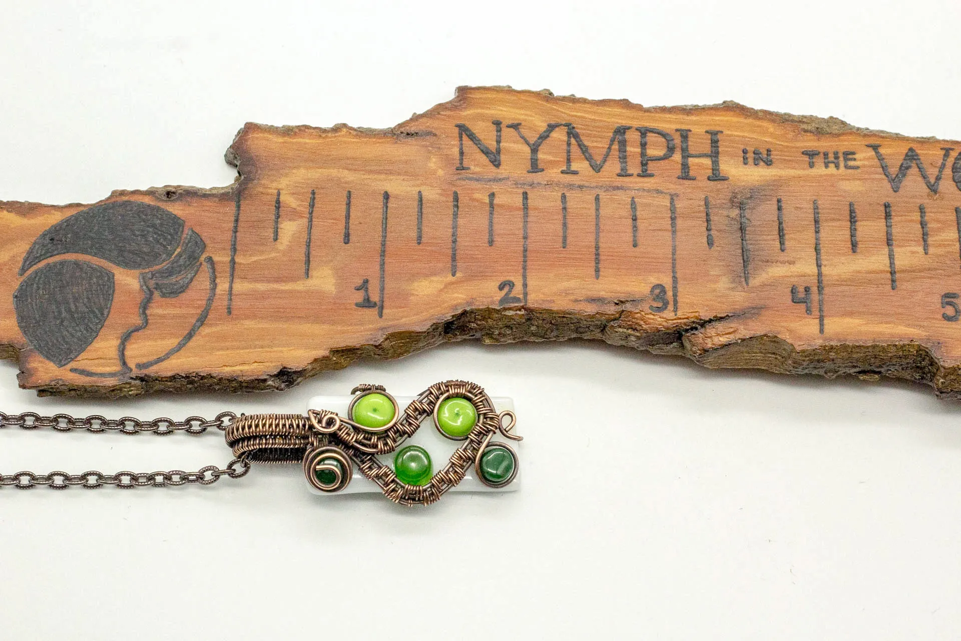 Shades of Green and White Fused Glass Pendant with Copper Wire Wrapping