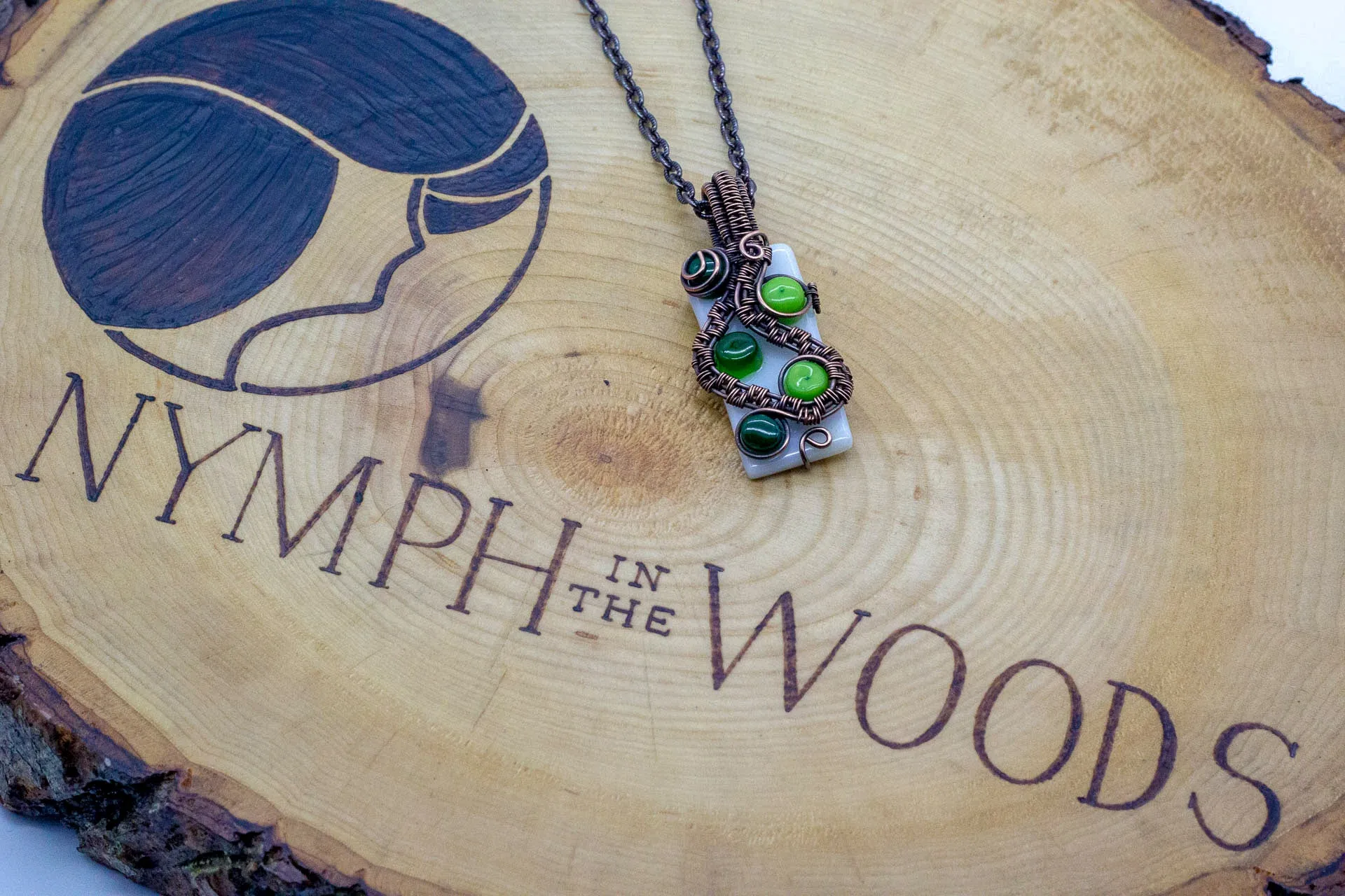 Shades of Green and White Fused Glass Pendant with Copper Wire Wrapping
