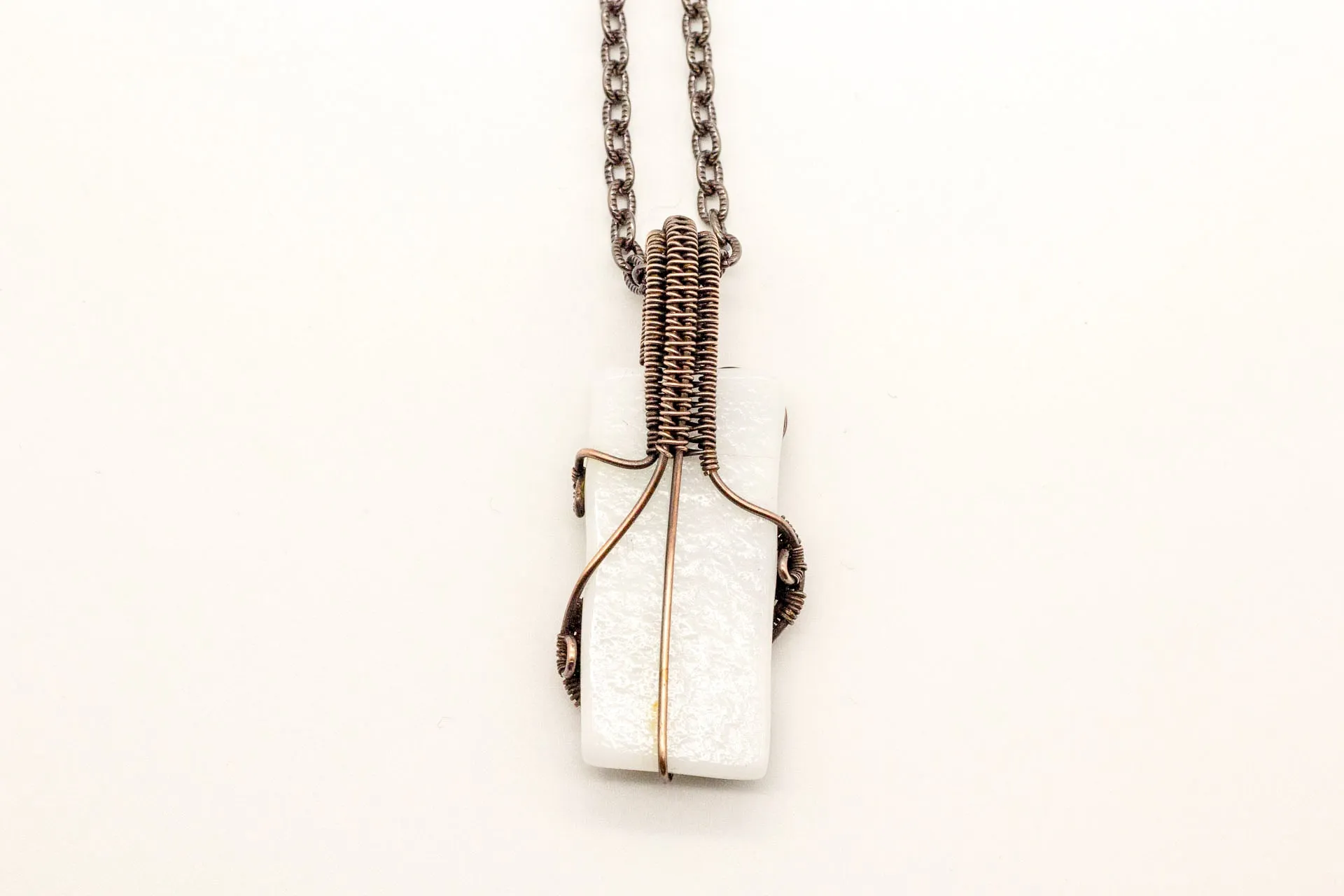 Shades of Green and White Fused Glass Pendant with Copper Wire Wrapping