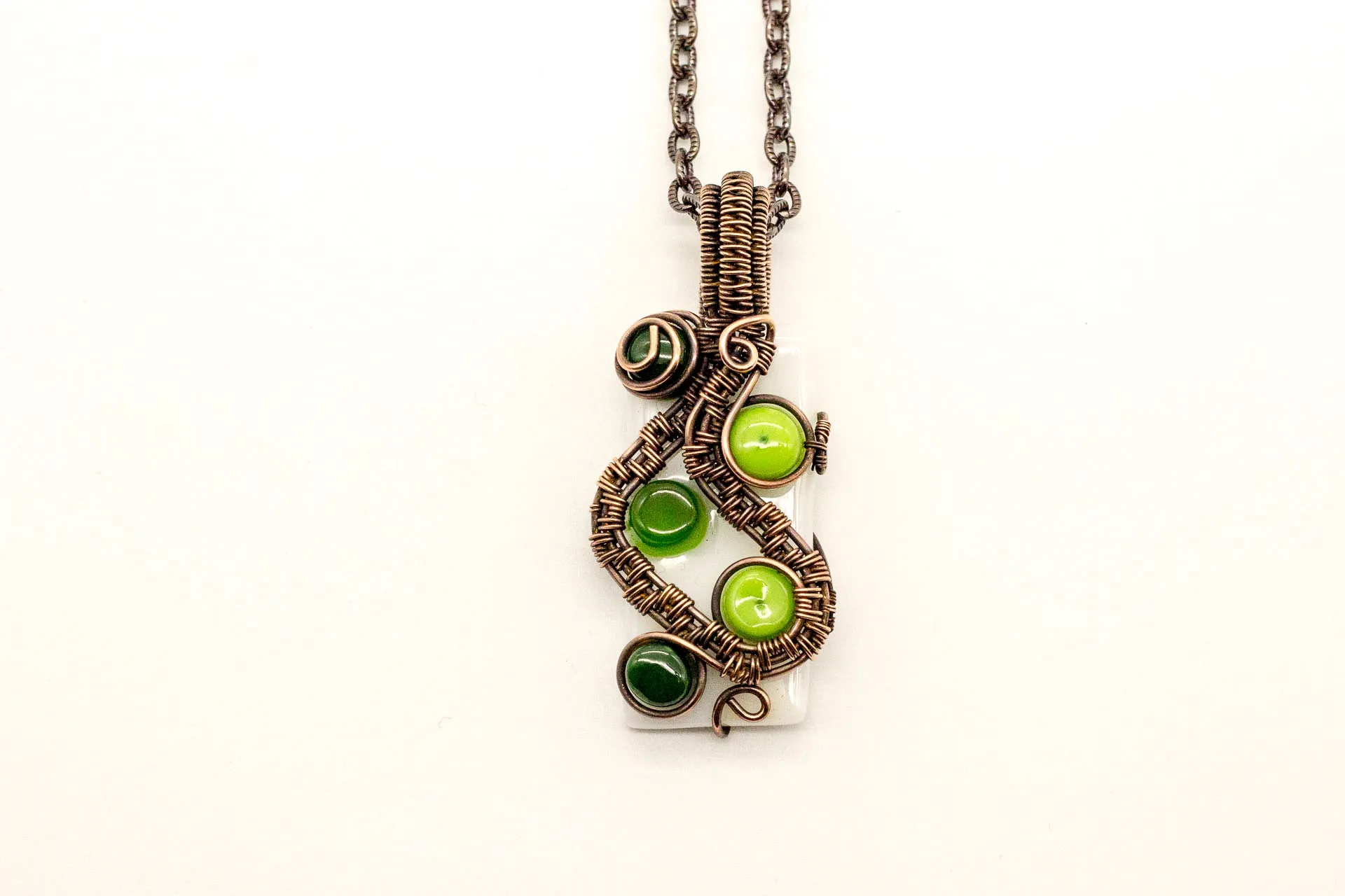 Shades of Green and White Fused Glass Pendant with Copper Wire Wrapping