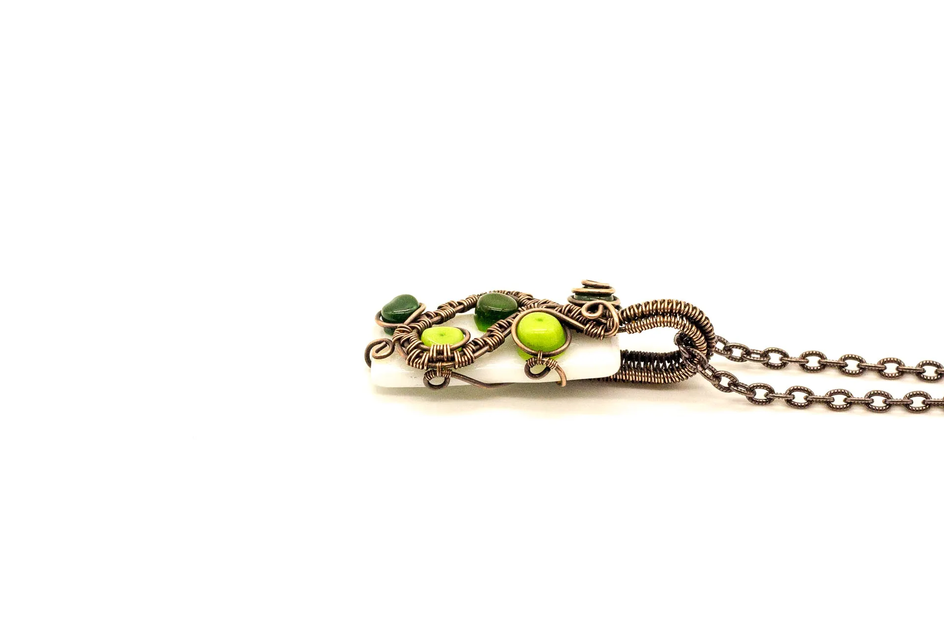 Shades of Green and White Fused Glass Pendant with Copper Wire Wrapping