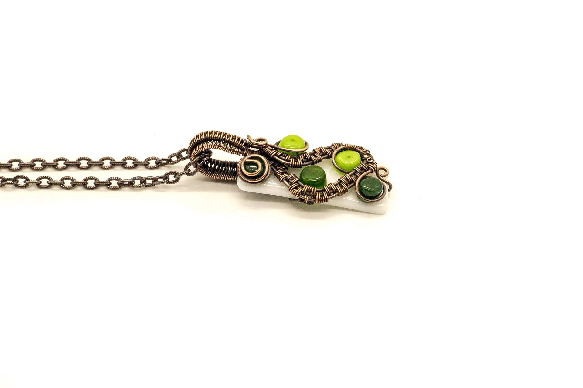 Shades of Green and White Fused Glass Pendant with Copper Wire Wrapping