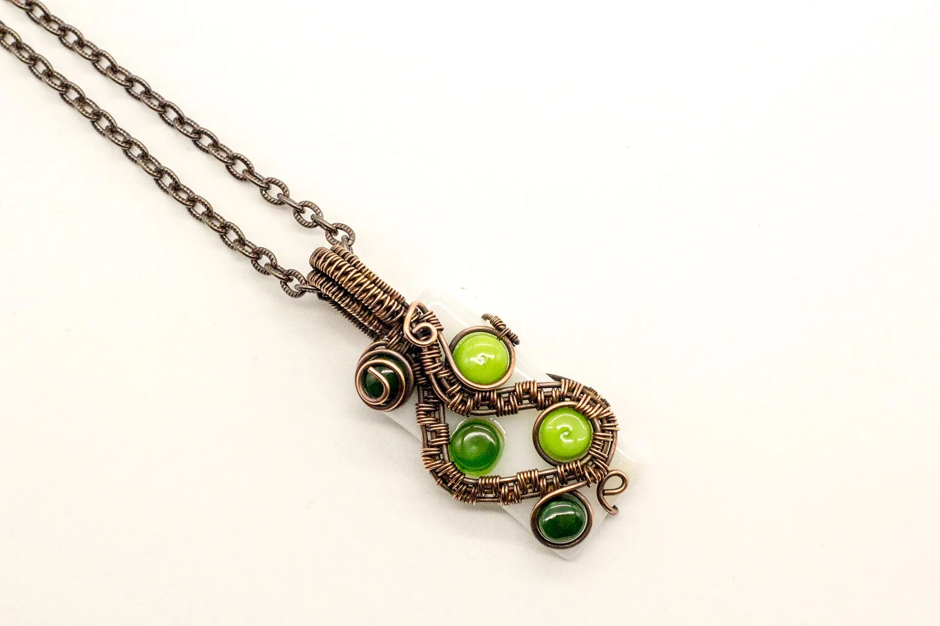 Shades of Green and White Fused Glass Pendant with Copper Wire Wrapping