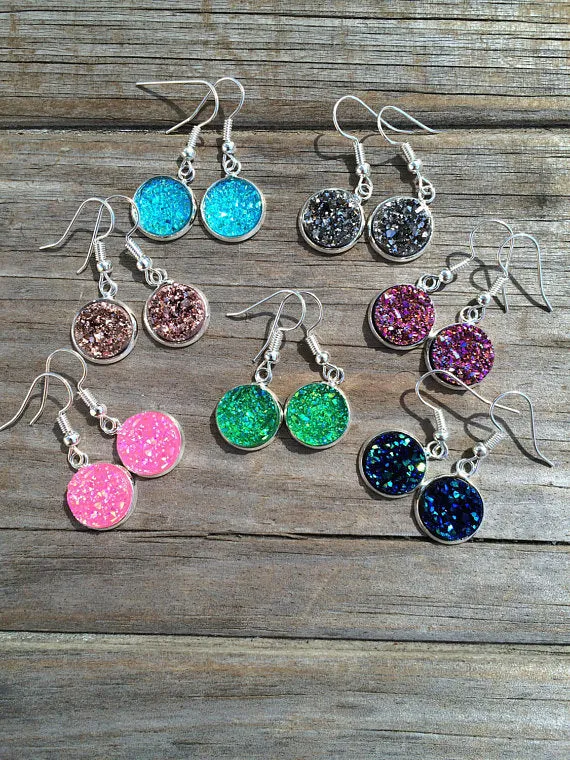 Silver Pink Druzy Dangle Earrings