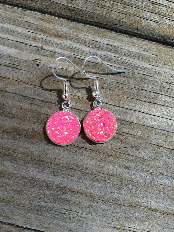 Silver Pink Druzy Dangle Earrings